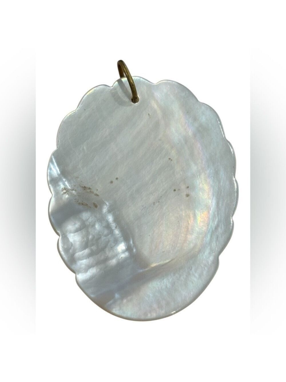 VTG CARVED MOTHER OF PEARL IRIDESCENT CARVED PEACOCK BIRD WHIMSICAL PENDANT 3"L - Picture 3 of 3